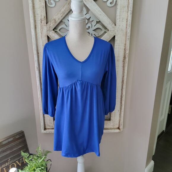 Times Two Maternity 3/4 Sleeve Balloon Elastic Waist Babydoll Top Tunic Cobalt - Picture 2 of 7